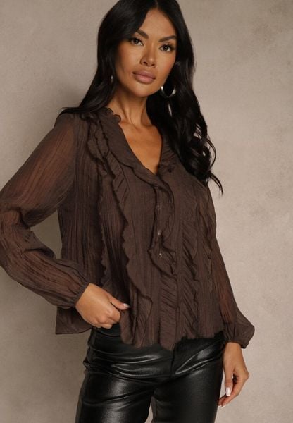 Brązowa Koszulowa Bluzka z Dekoltem V i Falbankami Calomia. Brązowe bluzki Renee, l, bez wzorów, z jeansu, biznesowe, bez kołnierzyka, bez ramiączek. Za 99.99 zł.