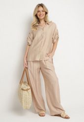 Beżowy Komplet z Wiskozy Koszula z Podpinanymi Rękawami i Szerokie Spodnie Dormoi. Brązowe koszule Born2be, l, bez wzorów, z materiału, eleganckie, bez kołnierzyka, bez ramiączek. Za 119.99 zł.