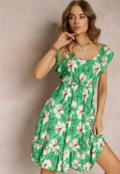 Zielona Rozkloszowana Sukienka Bawełniana w Kwiaty Maller. Zielone sukienki Renee, l, bez wzorów, z bawełny, bez kołnierzyka, bez ramiączek, mini, rozkloszowane. Za 39.99 zł.