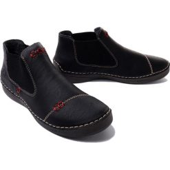 RIEKER 52590-01 black, botki damskie. Czarne botki Rieker, bez wzorów, bez obcasa, bez zapięcia. Za 229.42 zł.