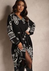 Czarna Koszulowa Sukienka z Wiskozą w Azteckie Wzory Averisa. Czarne sukienki Renee, l, bez wzorów, z jeansu, eleganckie, bez kołnierzyka, bez ramiączek, midi, koszulowe. W wyprzedaży za 107.99 zł.