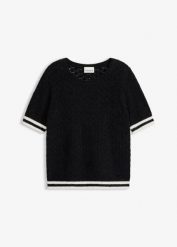 Sweter ażurowy z przędzy piórkowej. Czarne swetry bonprix, w ażurowe wzory, eleganckie, bez ramiączek. Za 159.99 zł.