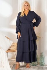 Sukienka na studniówkę długa z falbnanek szyfonowa MIRABELLA granatowa. Czerwone sukienki KARKO, na imprezę, s, bez wzorów, z materiału, eleganckie, bez kołnierzyka, bez ramiączek, maxi, kopertowe. Za 549.50 zł.