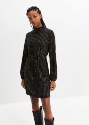 Sukienka shirtowa z wiązanym paskiem. Czarne sukienki bonprix, bez wzorów, bez kołnierzyka, bez ramiączek. Za 124.99 zł.