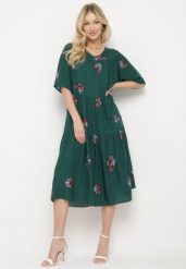 Ciemnozielona Wiskozowa Sukienka o Rozkloszowanym Kroju z Krótkim Rękawem Givinia. Zielone sukienki Born2be, na co dzień, l, bez wzorów, z wiskozy, eleganckie, bez kołnierzyka, plus size, bez ramiączek, midi, proste. Za 109.99 zł.