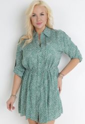 Zielona Koszulowa Sukienka Mini z Materiałowym Paskiem i Podpinanymi Rękawami Eleandia. Zielone sukienki Born2be, l, bez wzorów, z materiału, bez kołnierzyka, plus size, bez ramiączek, mini, koszulowe. W wyprzedaży za 63.74 zł.