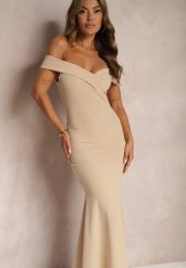 Jasnobeżowa Taliowana Sukienka Maxi z Rozcięciem Perlina. Brązowe sukienki Renee, l, bez wzorów, eleganckie, bez kołnierzyka, bez ramiączek, maxi, rozkloszowane. W wyprzedaży za 127.99 zł.