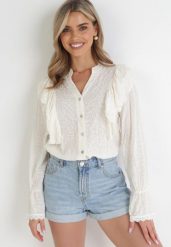 Beżowa Wiskozowa Koszula z Haftowanej Tkaniny z Falbankami Emsley. Brązowe koszule Born2be, bez wzorów, z jeansu, eleganckie, bez kołnierzyka, bez ramiączek. Za 74.99 zł.