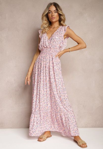 Różowa Sukienka z Wiskozy o Rozkloszowanym Kroju z Gumką w Pasie i Falbankami Xardia. Czerwone sukienki Renee, na spotkanie biznesowe, l, bez wzorów, z wiskozy, bez kołnierzyka, bez ramiączek, maxi, dopasowane. Za 89.99 zł.