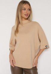 Beżowy Sweter Ozdobiony na Rękawach Cyrkoniami Aletusa. Brązowe swetry Born2be, z aplikacjami, z jeansu, eleganckie, bez ramiączek. Za 89.99 zł.