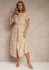 Beżowa Koszulowa Sukienka z Wiązanym Paskiem Zdobiona Haftem Malinnessa. Brązowe sukienki Renee, na co dzień, l, z aplikacjami, eleganckie, bez kołnierzyka, bez ramiączek, maxi, koszulowe. W wyprzedaży za 127.99 zł.
