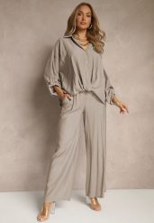 Beżowy Komplet z Wiskozy w Stylu Oversize Szerokie Spodnie i Luźna Koszula na Guziki Natinne. Brązowe koszule Renee, bez wzorów, z wiskozy, biznesowe, bez kołnierzyka, bez ramiączek. W wyprzedaży za 143.99 zł.