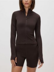 Bluza z suwakiem - ciemnobrązowy. Brązowe bluzy Reserved, l, bez wzorów, z dzianiny, bez ramiączek, bez kaptura. Za 99.99 zł.