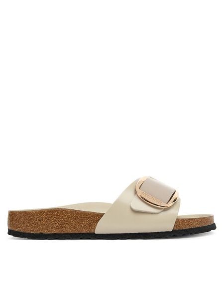 Birkenstock Klapki Madrid Big Buckle Hex 1031823 Écru. Białe klapki Birkenstock, bez wzorów, ze skóry, bez obcasa, bez zapięcia. Za 629.99 zł.