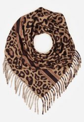 Ciemnobrązowy Wiskozowy Szalik w Panterkę Wykończony Frędzlami Alefera. Brązowe szaliki i kominy Renee, bez wzorów, z jeansu. Za 39.99 zł.