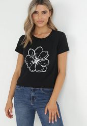 Czarny T-shirt z Krótkim Rękawem i Nadrukiem Thetrin. Czarne t-shirty Born2be, m, bez wzorów, z wiskozy, bez kołnierzyka, bez ramiączek. W wyprzedaży za 47.99 zł.