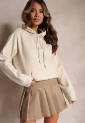 Beżowa Mini Spódnica z Ekoskóry o Rozkloszowanym Fasonie z Plisami Janeve. Brązowe spódnice Renee, l, bez wzorów, mini, rozkloszowane. W wyprzedaży za 39.99 zł.