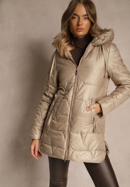 Beżowa Przejściowa Kurtka z Pikowanymi Przeszyciami Kapturem i Suwakami Taranessa. Brązowe kurtki Renee, l, bez wzorów, z dzianiny, eleganckie. Za 179.99 zł.