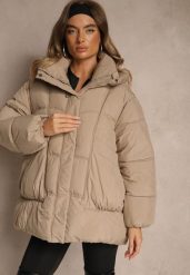Beżowa Kurtka Oversize z Pikowanymi Przeszyciami i Kapturem Galeana. Brązowe kurtki Renee, na zimę, l, bez wzorów, z dzianiny, eleganckie. Za 199.99 zł.
