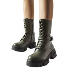 Ciemnozielone sznurowane botki-workery Rive. Zielone botki bez wzorów, bez obcasa, bez zapięcia. Za 138.90 zł.