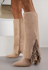 Ciemnobeżowe Kozaki na Słupku z Wywiniętą Cholewką z Frędzlami Linadela. Brązowe kozaki Born2be, bez wzorów, z jeansu, biznesowe, bez obcasa, na obcasie, bez zapięcia. Za 179.99 zł.