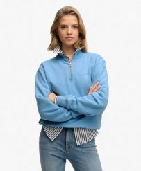 Superdry Sweter z półzamkiem Essential Logo z bawełnianej mieszanki. Niebieskie swetry Superdry, bez wzorów, z bawełny, bez ramiączek. Za 279.65 zł.
