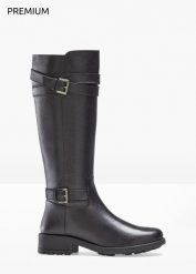 Kozaki skórzane. Czarne kozaki bonprix, bez wzorów, bez obcasa, bez zapięcia. Za 339.99 zł.