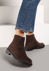 Brązowe Botki z Imitacji Zamszu w Eleganckim Stylu Niadoraea. Brązowe botki Renee, bez wzorów, z jeansu, eleganckie, bez obcasa, na obcasie, bez zapięcia. W wyprzedaży za 73.49 zł.