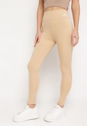 Beżowe Legginsy z Wysokim Stanem i Gumką w Pasie Bloelia. Brązowe legginsy Born2be, bez wzorów, z jeansu. W wyprzedaży za 25.49 zł.