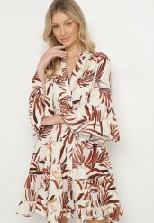 Brązowa Sukienka z Wiskozy o Rozkloszowanym Kroju z Falbanami w Roślinny Wzór Ridiara. Brązowe sukienki Born2be, na co dzień, l, bez wzorów, z wiskozy, eleganckie, bez kołnierzyka, bez ramiączek, mini, rozkloszowane. Za 119.99 zł.