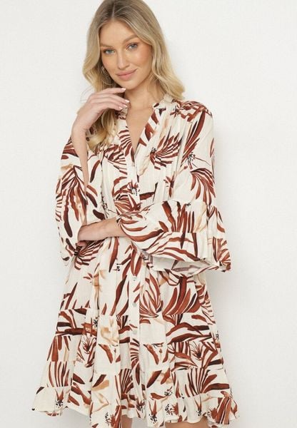 Brązowa Sukienka z Wiskozy o Rozkloszowanym Kroju z Falbanami w Roślinny Wzór Ridiara. Brązowe sukienki Born2be, na co dzień, l, bez wzorów, z wiskozy, eleganckie, bez kołnierzyka, bez ramiączek, mini, rozkloszowane. Za 129.99 zł.