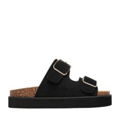 Klapki DeeZee. Czarne klapki DeeZee, bez wzorów, bez obcasa, bez zapięcia. Za 129.99 zł.