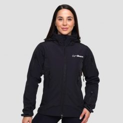 Kurtka damska turystyka softshell z kapturem czarna. Czarne kurtki przejściowe sportowe GYMBEAM, m, bez wzorów, z materiału, z kapturem, trekkingowe. Za 184.90 zł.