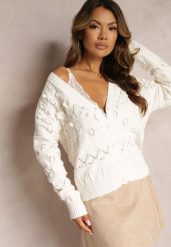 Jasnobeżowy Kardigan z Ażurowej Dzianiny z Naszytymi Kwiatami 3D Habera. Brązowe swetry Renee, na zimę, s, w ażurowe wzory, z dzianiny, boho, bez ramiączek. W wyprzedaży za 135.99 zł.