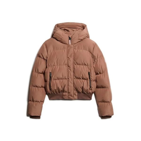 Damska kurtka puchowa Superdry. Brązowe kurtki Superdry, xl, z aplikacjami, z materiału, z kapturem. Za 508.70 zł.