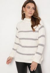 Beżowo-Szary Sweter z Wiskozą w Paski Dintia. Szare swetry Born2be, uniwersalny, bez wzorów, z jeansu, eleganckie, bez ramiączek. W wyprzedaży za 59.49 zł.