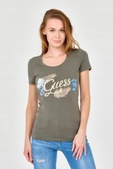 GUESS Damski zielony t-shirt ze zdobionym logo. Zielone t-shirty Guess, s, z aplikacjami, z bawełny, bez kołnierzyka, bez ramiączek. W wyprzedaży za 199.99 zł.