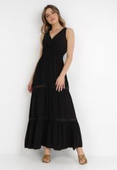 Czarna Sukienka Rhenemisa. Czarne sukienki Born2be, m, bez wzorów, z koronki, bez kołnierzyka, bez ramiączek, maxi, kopertowe. Za 139.99 zł.