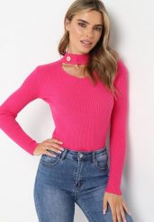 Różowy Sweter z Golfem z Ozdobnym Wycięciem Essine. Czerwone swetry Born2be, na zimę, bez wzorów, bez ramiączek. Za 39.99 zł.