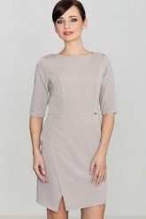 Beżowa Elegancka Sukienka z Asymetrycznym Rozporkiem. Brązowe sukienki Katrus, l, bez wzorów, z materiału, eleganckie, z asymetrycznym kołnierzem, bez ramiączek, asymetryczne. Za 239.00 zł.