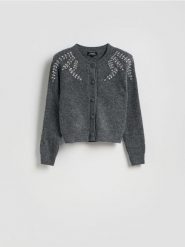 Kardigan z aplikacjami - ciemnoszary. Szare swetry Reserved, l, z aplikacjami, z dzianiny, bez ramiączek. Za 239.99 zł.