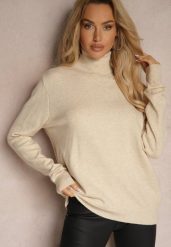 Jasnobeżowy Casualowy Golf z Dodatkiem Bawełny i Wiskozy Lerinae. Brązowe swetry Renee, l, bez wzorów, z bawełny, eleganckie, bez ramiączek. W wyprzedaży za 55.99 zł.