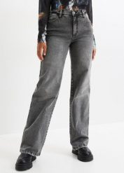 Dżinsy Marlena z ćwiekami, high waist. Szare jeansy bonprix, bez wzorów, z jeansu, z podwyższonym stanem. Za 149.99 zł.