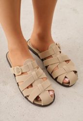 Beżowe Klapki Gladiatorki z Ozdobną Sprzączką Lusanatia. Brązowe klapki Renee, bez wzorów, bez obcasa, na płaskiej podeszwie, bez zapięcia. Za 79.99 zł.