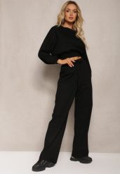 Czarny Bawełniany Komplet Bluza Krótka ze Ściągaczem i Szerokie Spodnie ze Sznurkiem w Pasie Rionnea. Czarne bluzy Renee, l, bez wzorów, z bawełny, bez kaptura. W wyprzedaży za 167.99 zł.