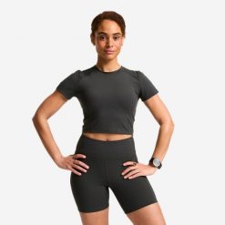Koszulka sportowa damska Domyos Shape krótki rękaw. Szare t-shirty sportowe DOMYOS, xs, bez wzorów, z lycry, bez ramiączek, na fitness i siłownię. Za 69.99 zł.