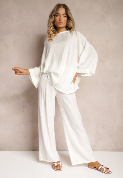 Biały Komplet z Wiskozy Bluzka o Kroju Nietoperza i Szerokie Spodnie Qadrina. Białe bluzki Renee, uniwersalny, bez wzorów, z wiskozy, biznesowe, bez kołnierzyka, bez ramiączek. Za 139.99 zł.