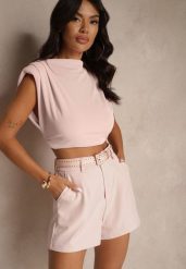 Różowe Szorty High Waist z Paskiem Linave. Czerwone szorty Renee, bez wzorów, eleganckie. W wyprzedaży za 83.99 zł.
