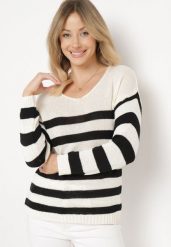 Beżowo-Czarny Sweter w Paski z Trójkątnym Dekoltem i Długim Rękawem Oviunna. Brązowe swetry Born2be, bez wzorów, z jeansu, eleganckie, bez ramiączek. W wyprzedaży za 63.74 zł.
