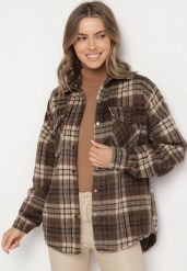Brązowa Kurtka Koszulowa Ozdobiona Kratą Eletilia. Brązowe kurtki Born2be, uniwersalny, bez wzorów, z jeansu, eleganckie, bez kaptura. Za 159.99 zł.